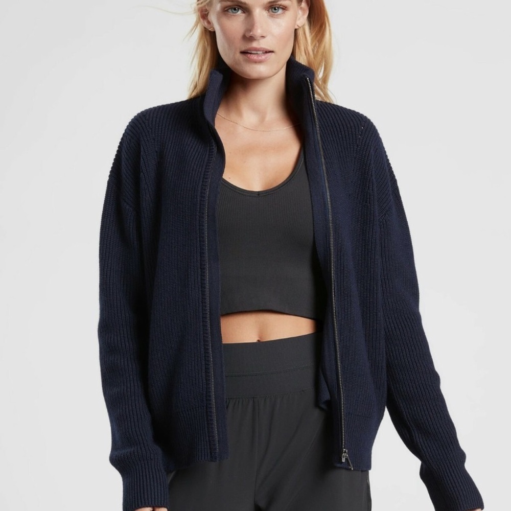 ATHLETA Escapade Mock Neck Bomber Jacket Wool Large Navy